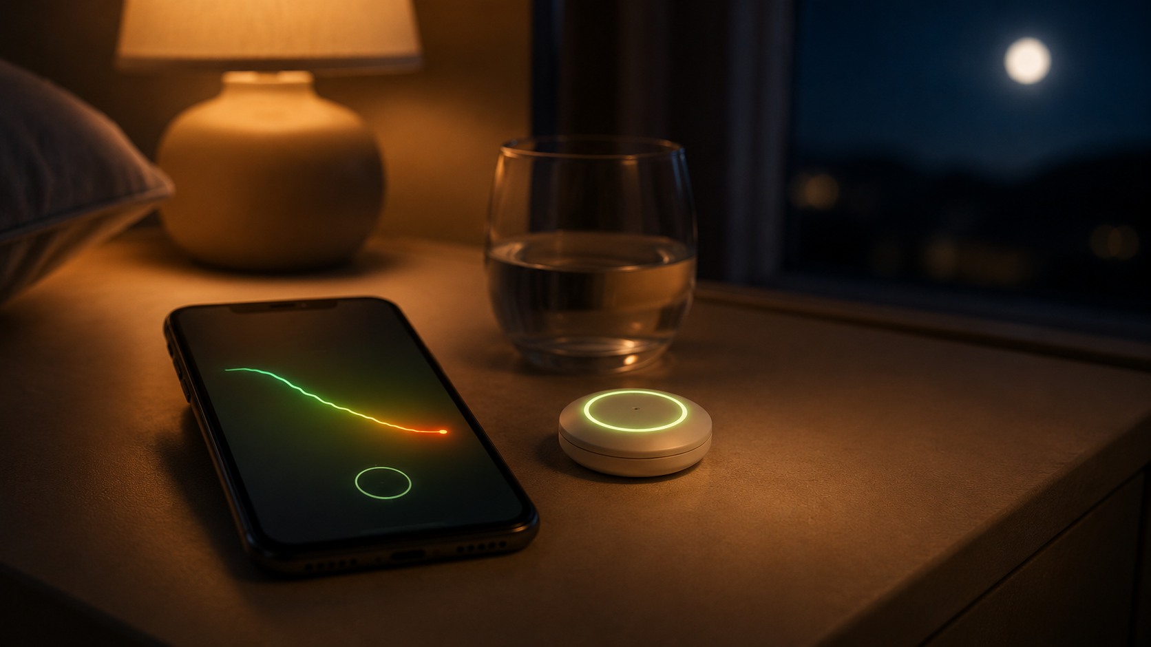 Comodino di notte: un telefono mostra una curva glicemica che scende mentre un sensore si illumina
