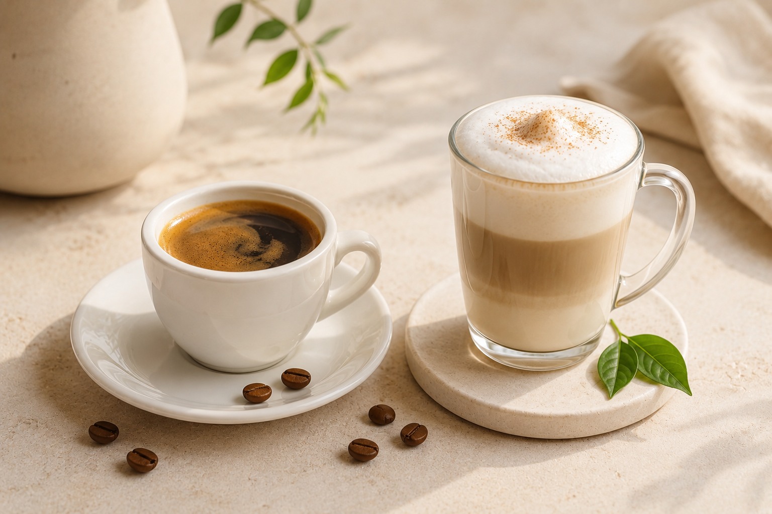 Caffè nero amaro accanto a una versione con latte e schiuma, a confronto su superficie chiara