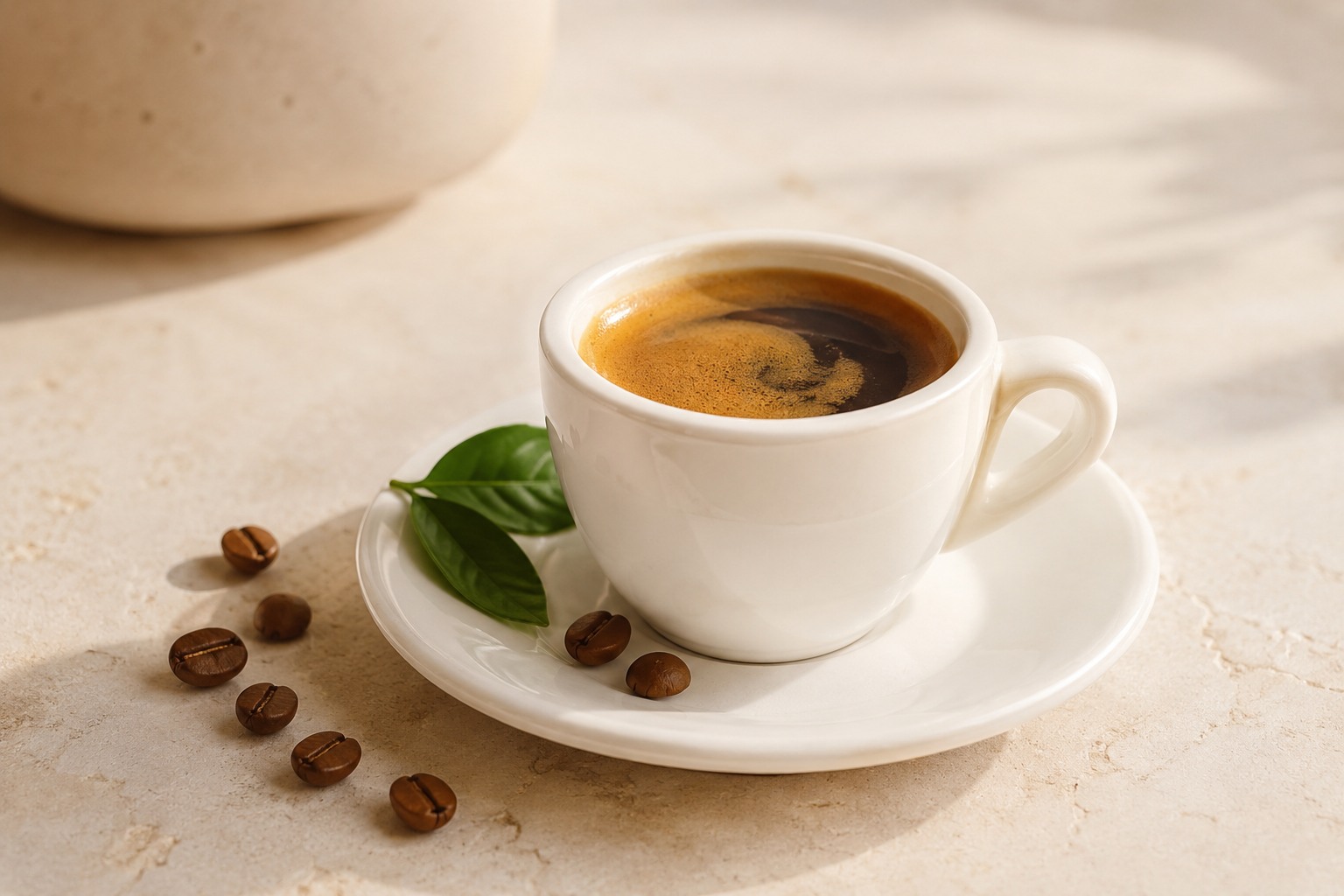 Tazzina di caffè espresso nero su superficie chiara e luminosa, con chicchi di caffè