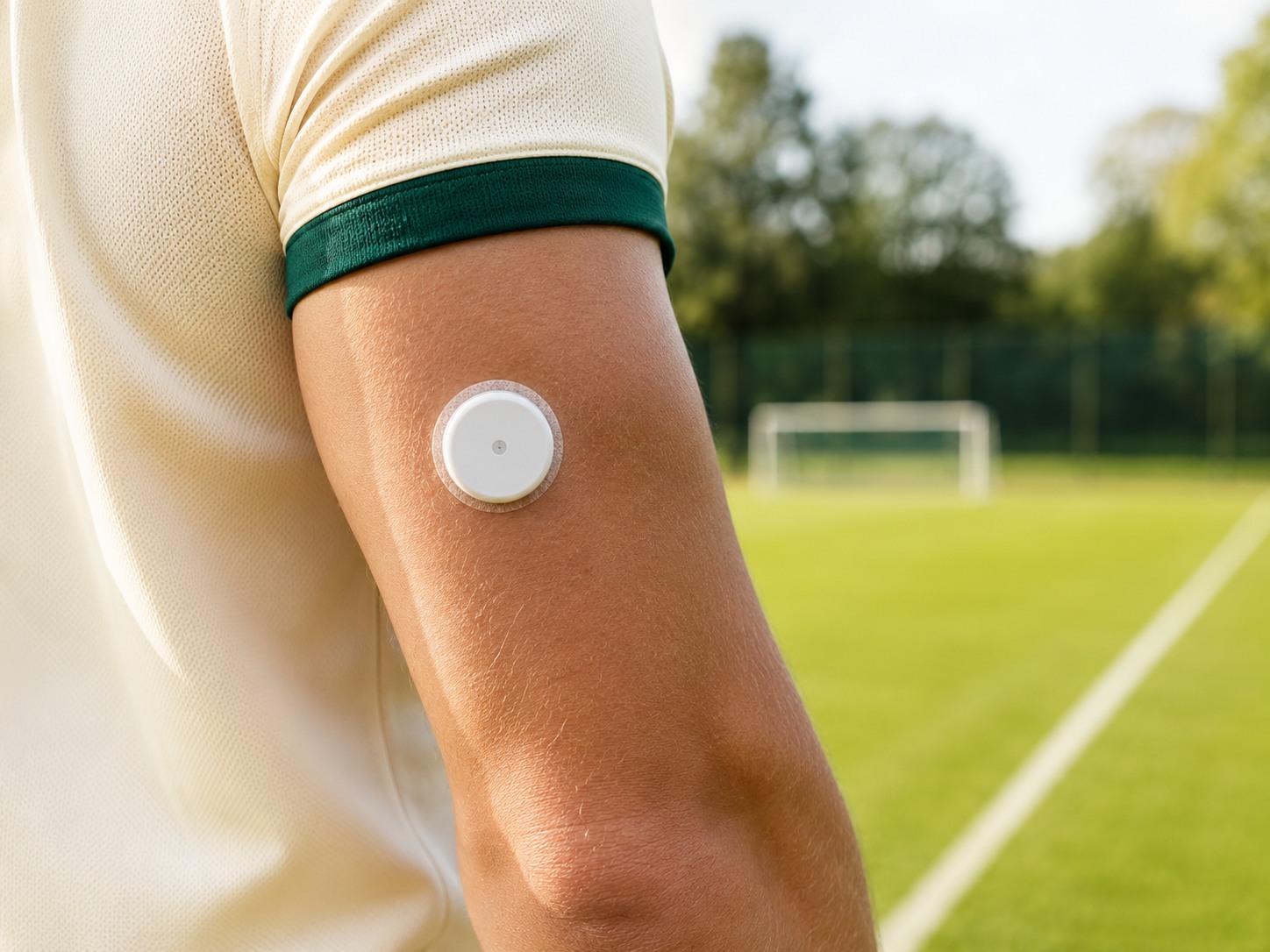 Sensore CGM sul braccio di un atleta con un campo da calcio sullo sfondo