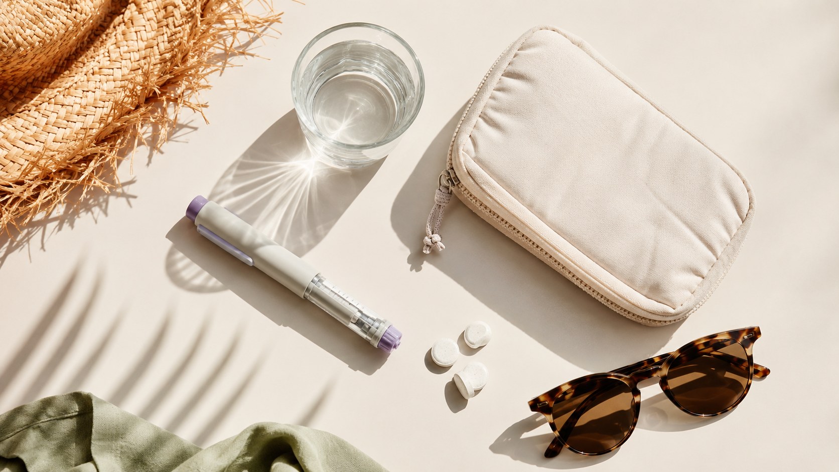 Kit estivo per il diabete al sole: penna di insulina, borsa termica, acqua e occhiali da sole