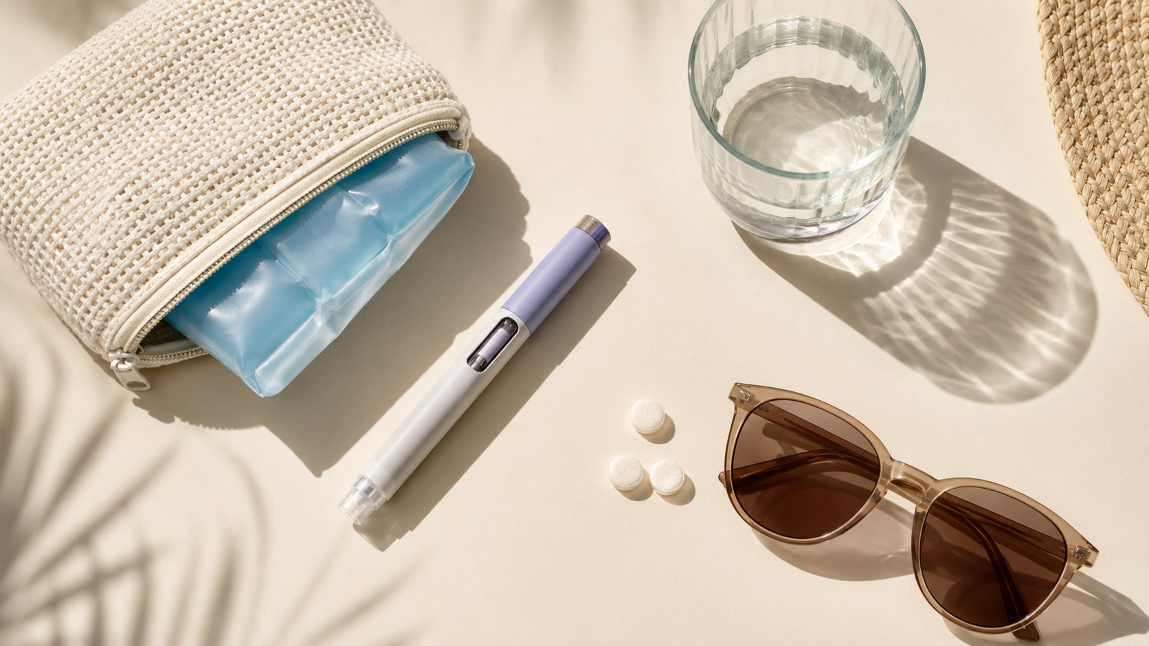 Kit estivo per il diabete con penna di insulina, borsa termica e acqua su un tavolo luminoso al sole