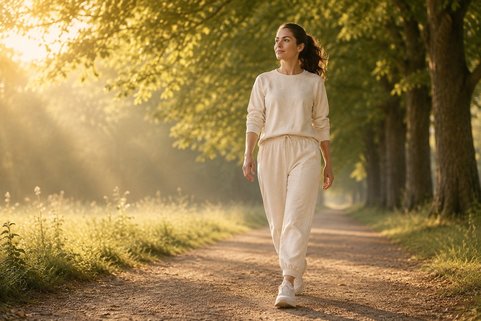 Persona serena e determinata in un momento di vita attiva alla luce naturale, simbolo di consapevolezza e padronanza del proprio corpo