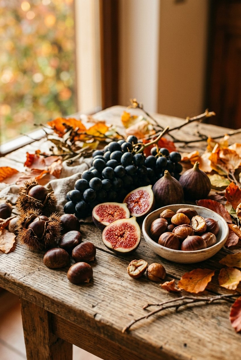 Castagne, un grappolo d'uva e fichi freschi su un tavolo di legno con luce autunnale