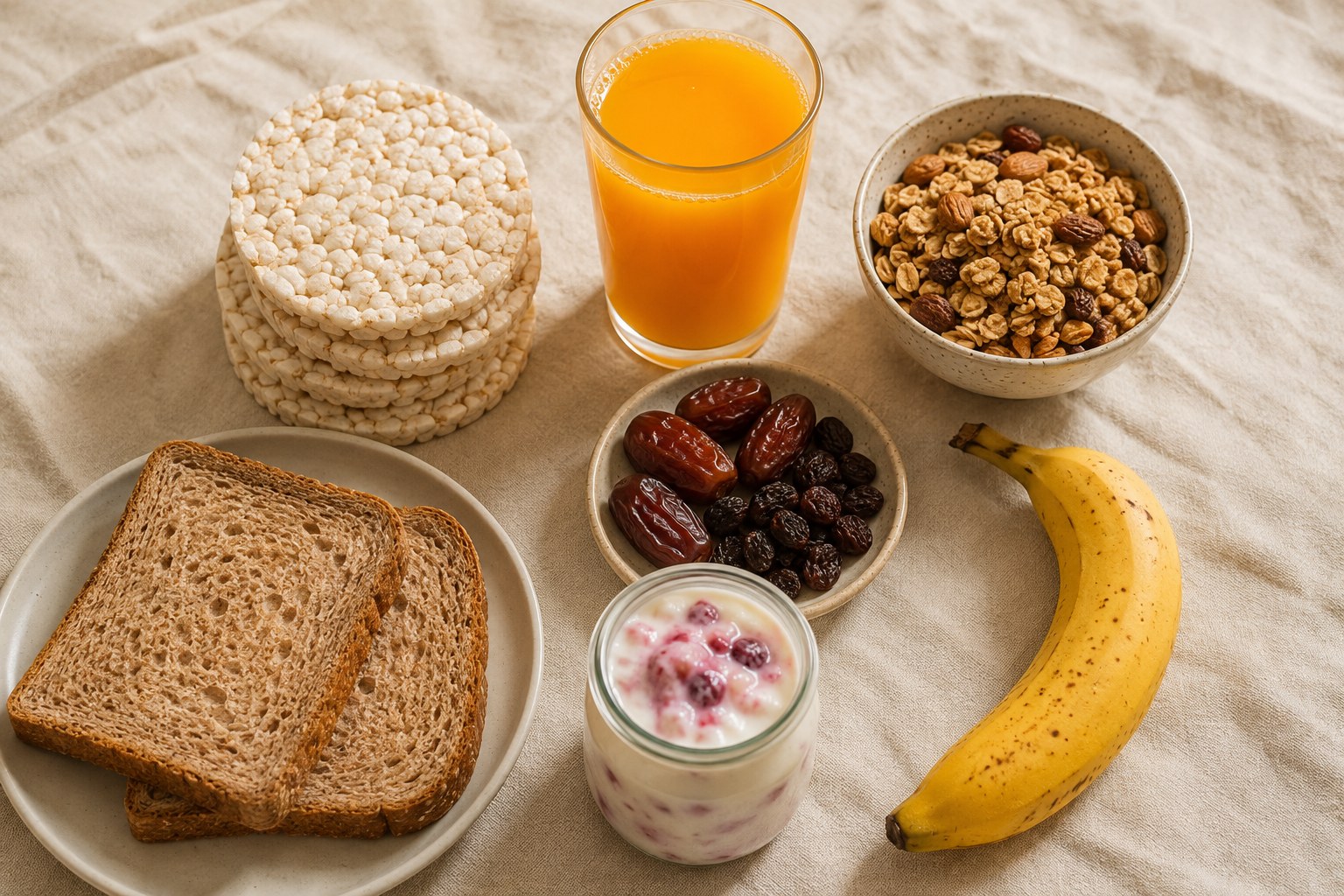 Cibi dall'immagine salutista come gallette di riso, succo di frutta, cereali e frutta secca su un tavolo luminoso