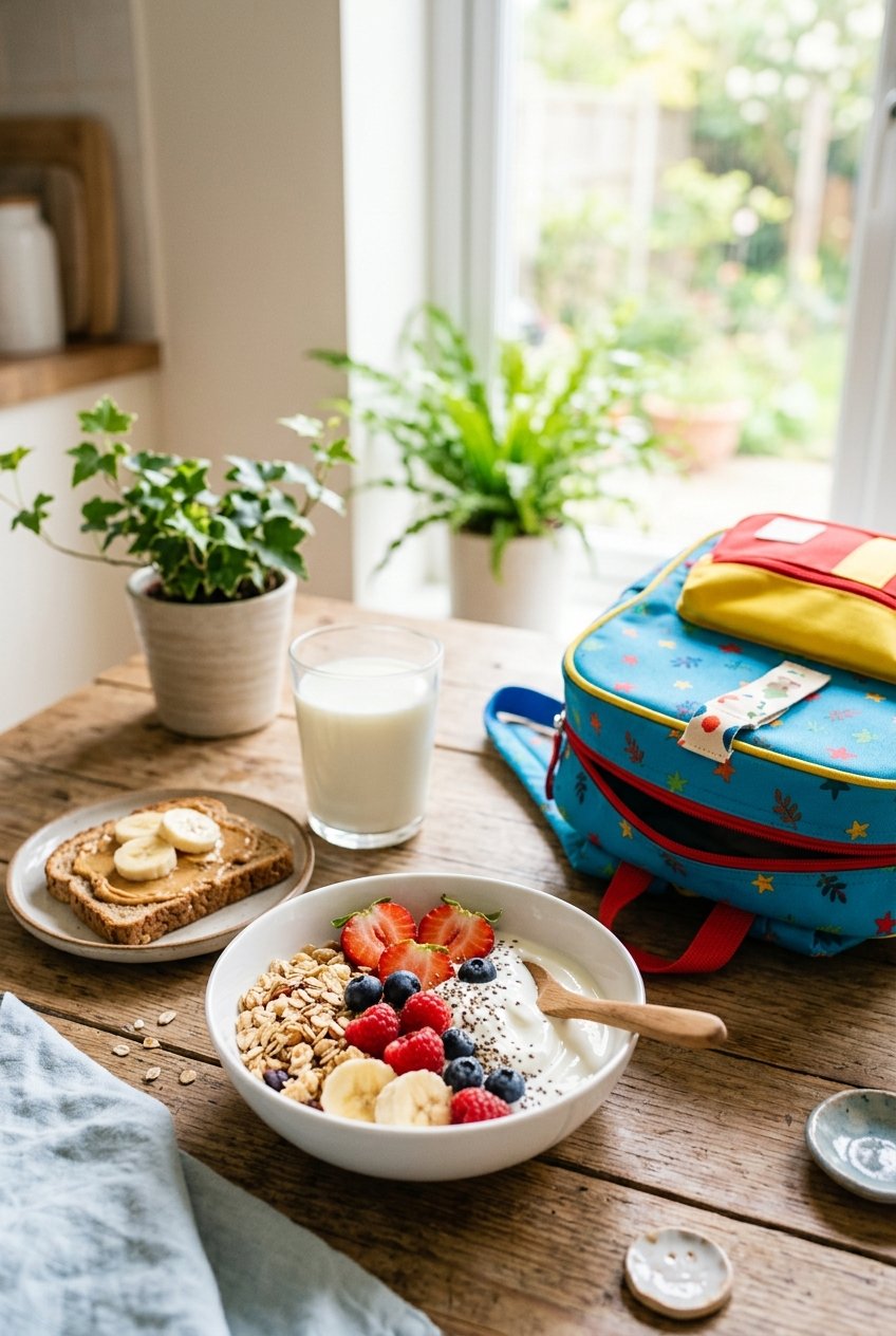 Colazione sana per bambini su un tavolo: yogurt, frutta fresca, pane integrale e latte, con uno zaino di scuola accanto