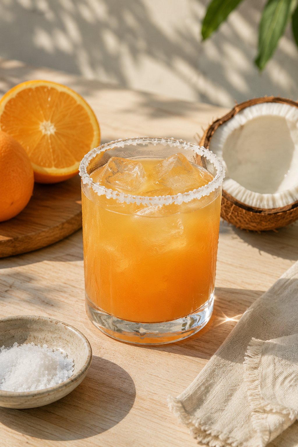 Un bicchiere di 'cortisol cocktail' arancione con acqua di cocco, succo d'arancia e sale su un tavolo luminoso