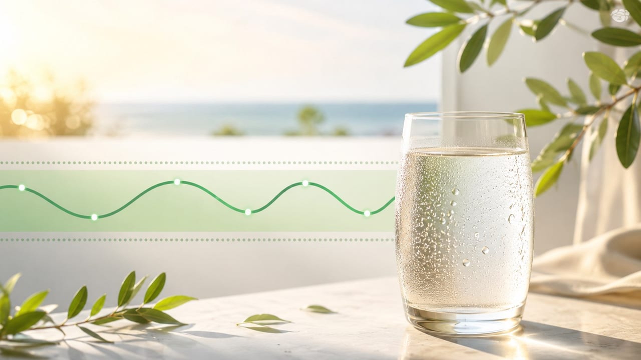 Bicchiere d'acqua e curva glicemica nella fascia verde in una scena estiva serena