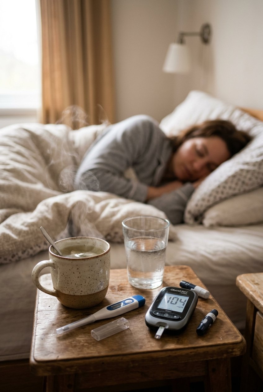 Persona a letto con influenza, termometro, tisana e glucometro sul comodino