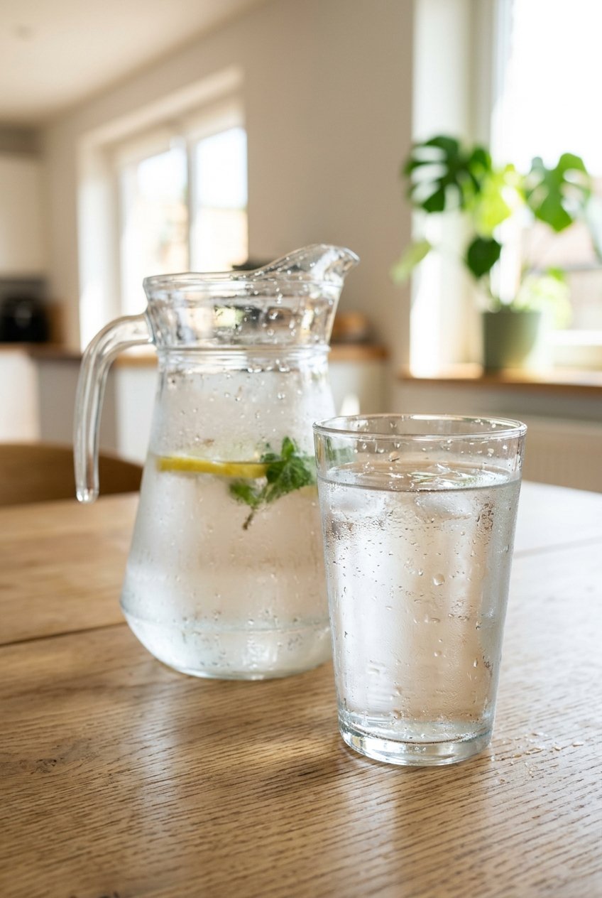Un bicchiere d'acqua e una brocca su un tavolo, a rappresentare la sete intensa del diabete insipido