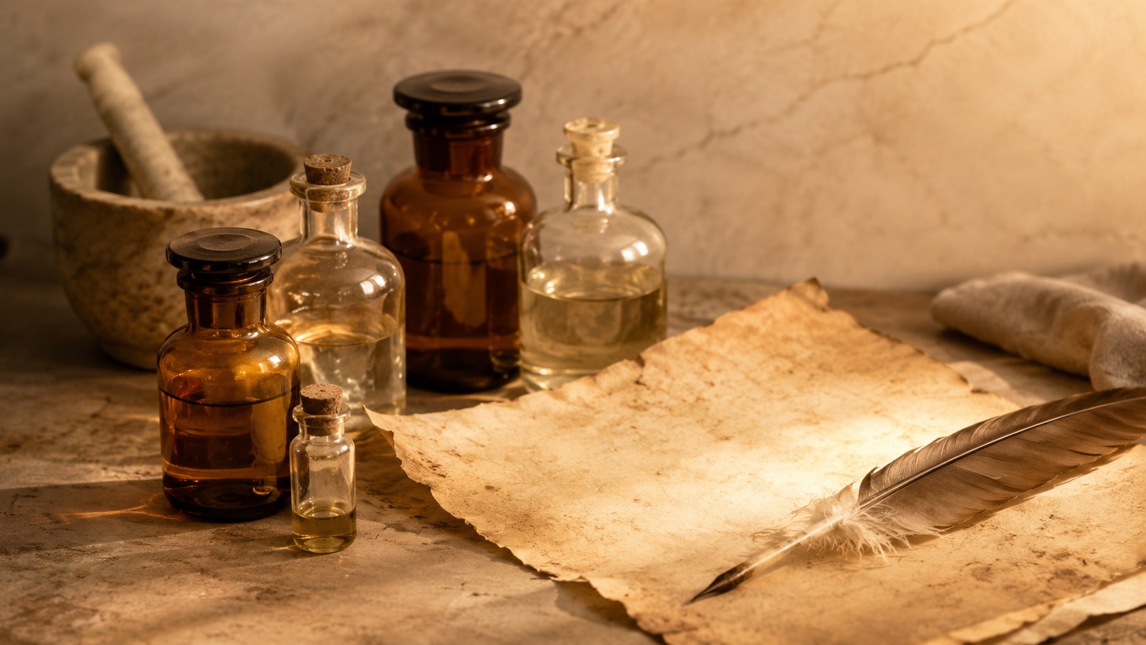 Illustrazione concettuale e serena a tema storia della medicina, toni caldi e crema