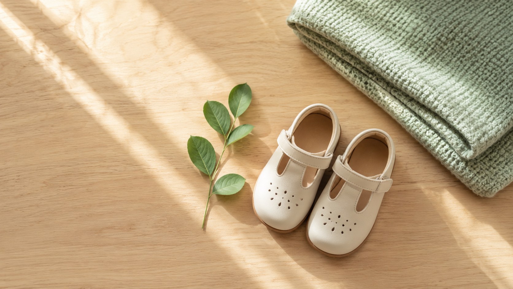 Scarpine bianche da bambino accanto a una foglia verde su un tavolo luminoso, immagine serena legata alla prevenzione nei bambini