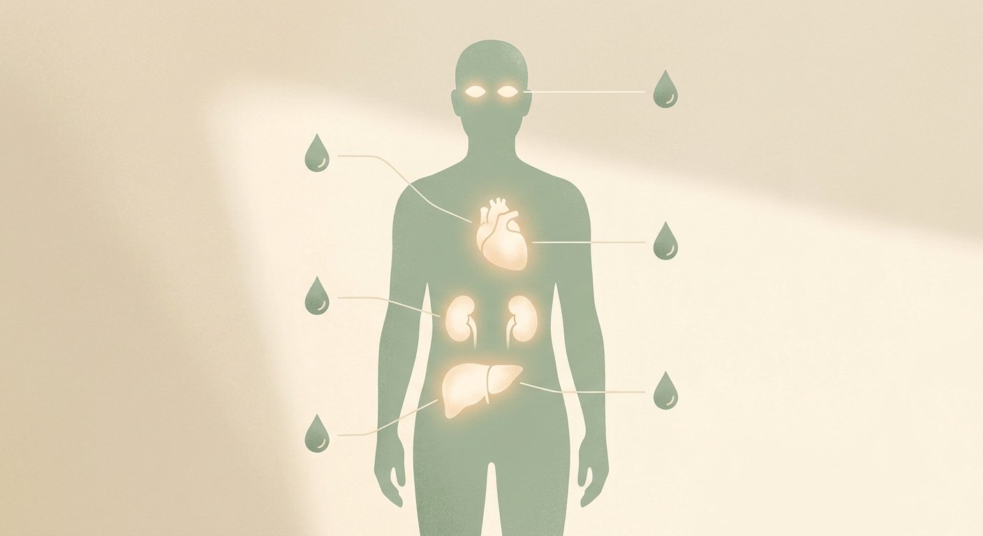 Illustrazione del corpo umano con cuore, reni, occhi e fegato evidenziati, collegati alla glicemia