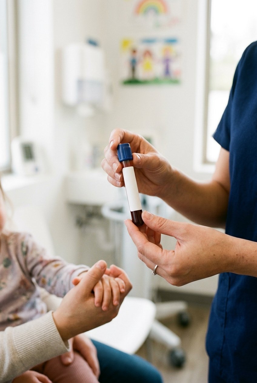 Provetta per esame del sangue e mano di un bambino, a rappresentare lo screening precoce del diabete di tipo 1