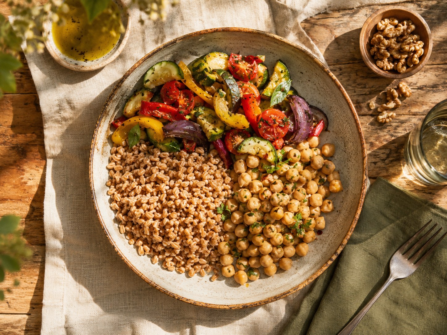 Il piatto equilibrato: metà verdure, un quarto cereali integrali, un quarto proteine