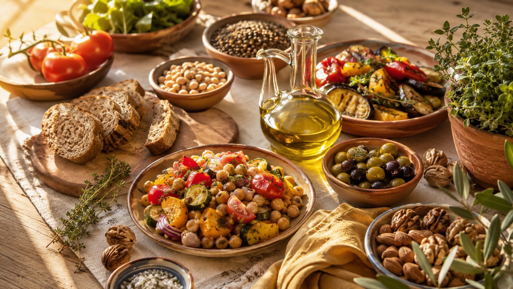 Tavola mediterranea rustica con verdure, legumi, pane integrale, olio e frutta secca