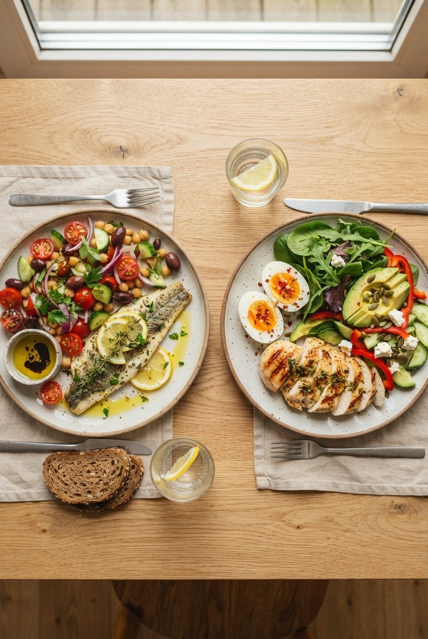 Due piatti a confronto su un tavolo chiaro: uno mediterraneo con verdure, olio e pesce, uno low-carb con proteine e verdure