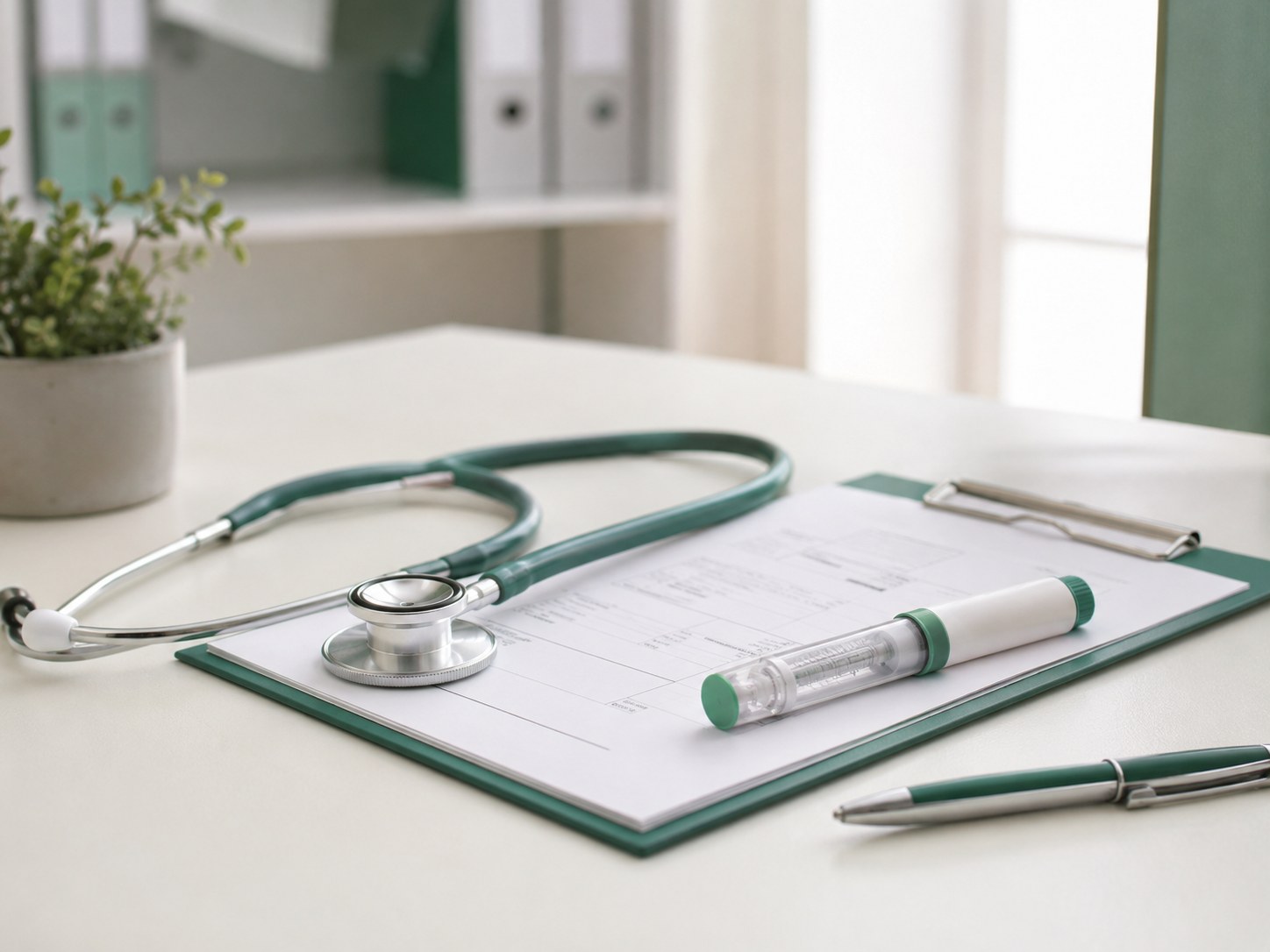 Una terapia che spetta al medico: stetoscopio, scheda clinica e penna stilizzata