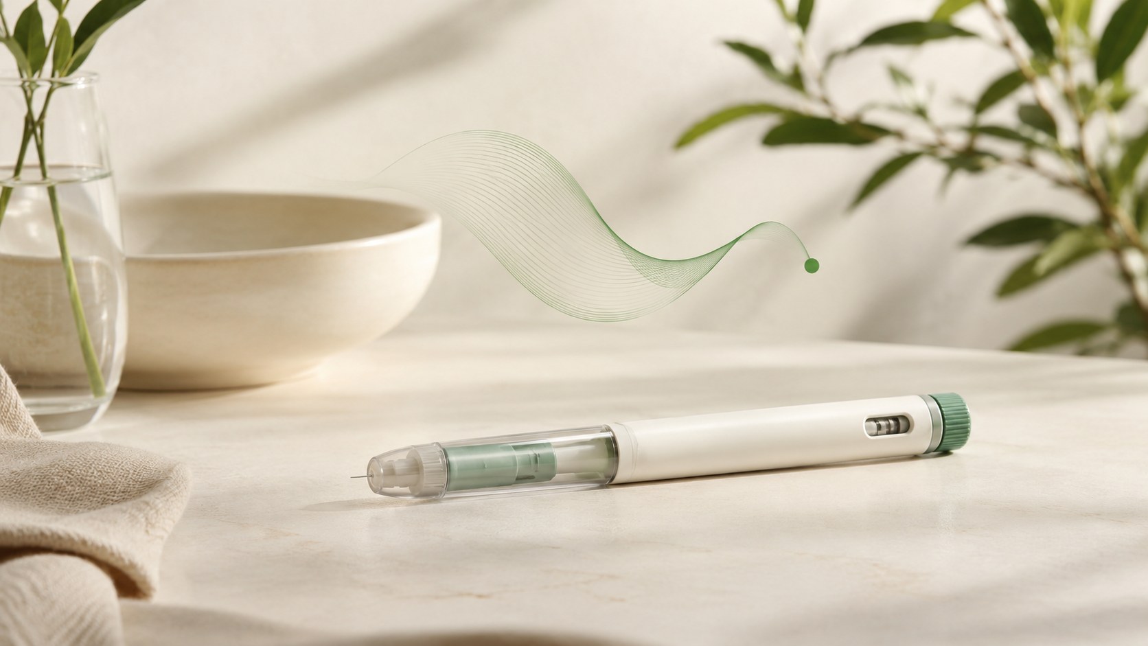 Penna iniettiva generica accanto a un'onda verde stilizzata, concept educativo sui farmaci GLP-1