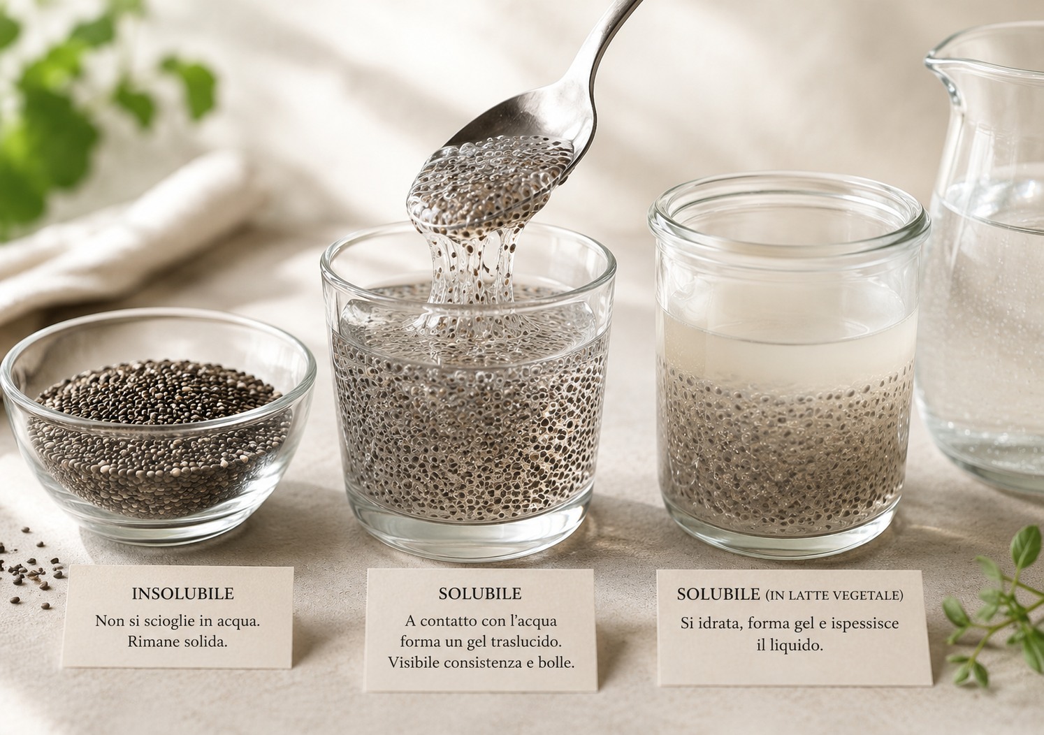 Semi e avena che a contatto con il liquido formano un gel: è la fibra solubile che rallenta l'assorbimento degli zuccheri.