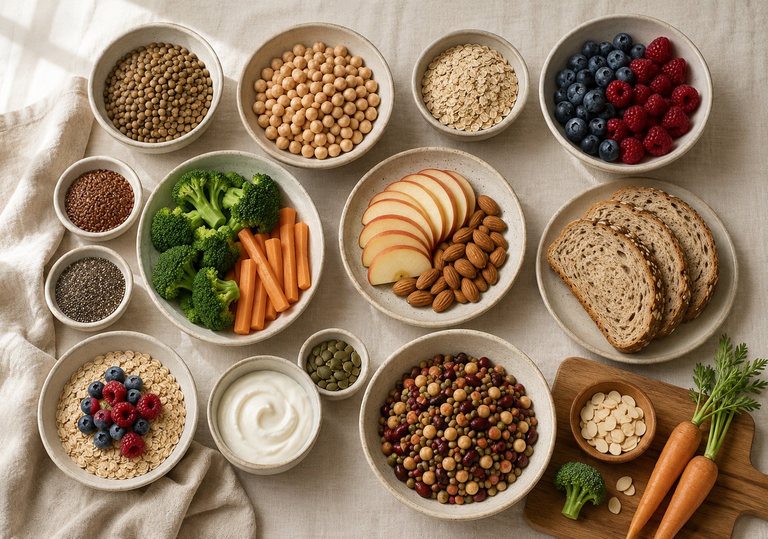 Composizione luminosa di alimenti ricchi di fibra: legumi, avena, frutti di bosco, semi e verdure su un tavolo chiaro.