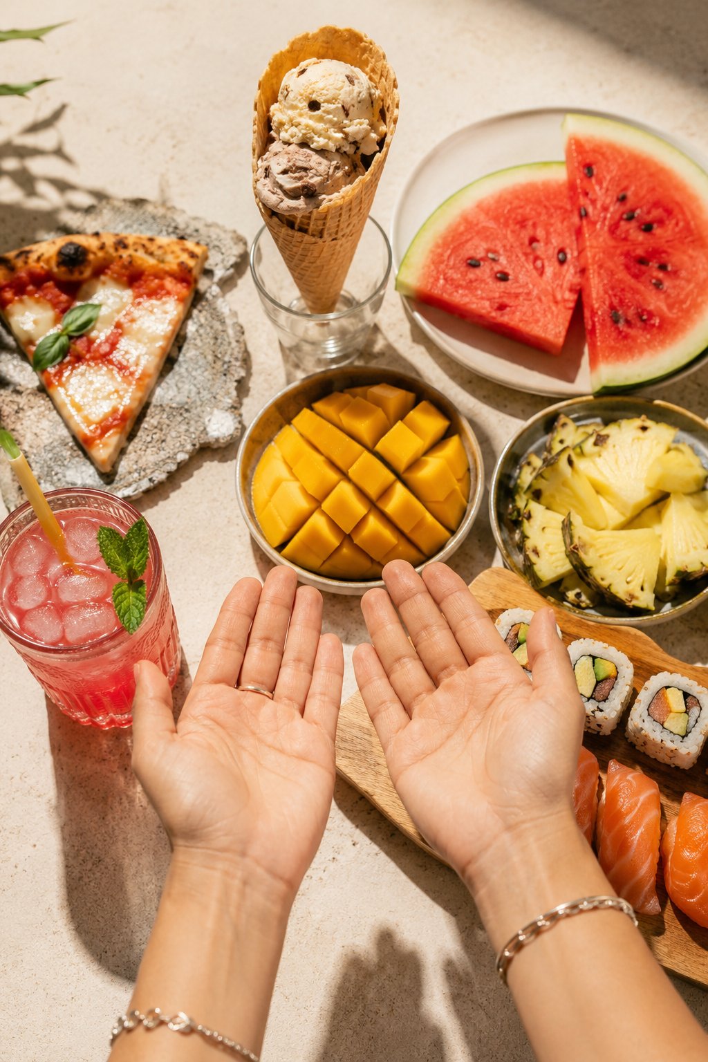 Mani che presentano cibi estivi virali (gelato, pizza, frutta tropicale, drink) su sfondo luminoso, in stile reveal