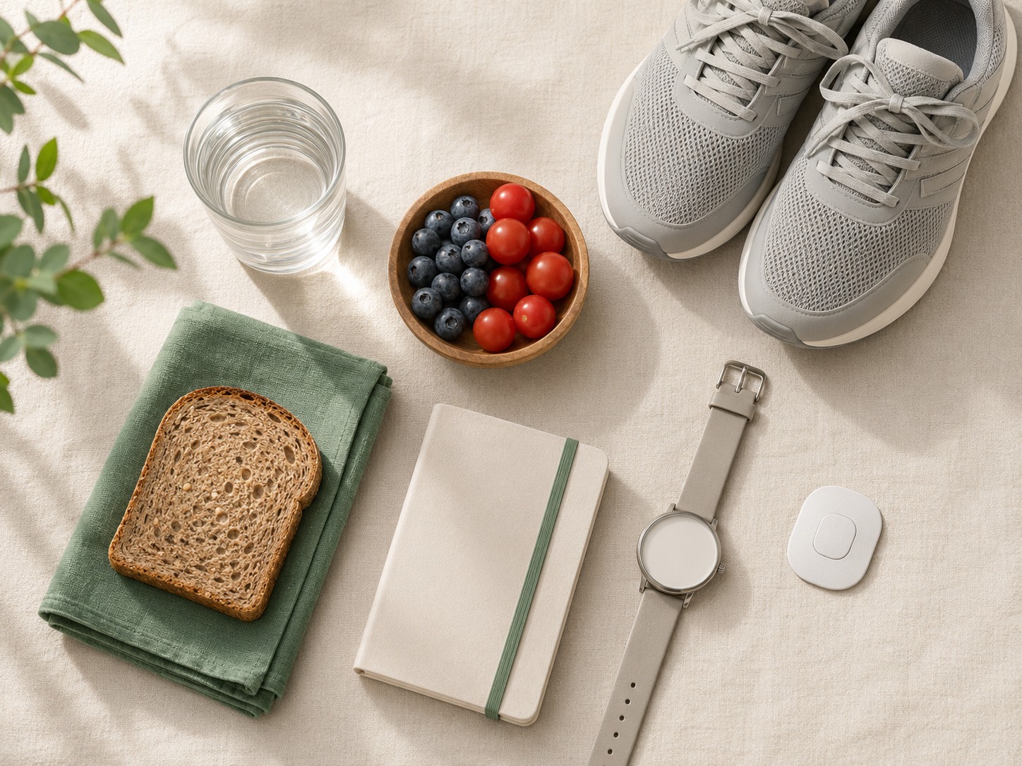 Un kit ordinato di buone abitudini per il diabete: acqua, scarpe da ginnastica, frutta, un quaderno e un sensore, su un tavolo luminoso color crema
