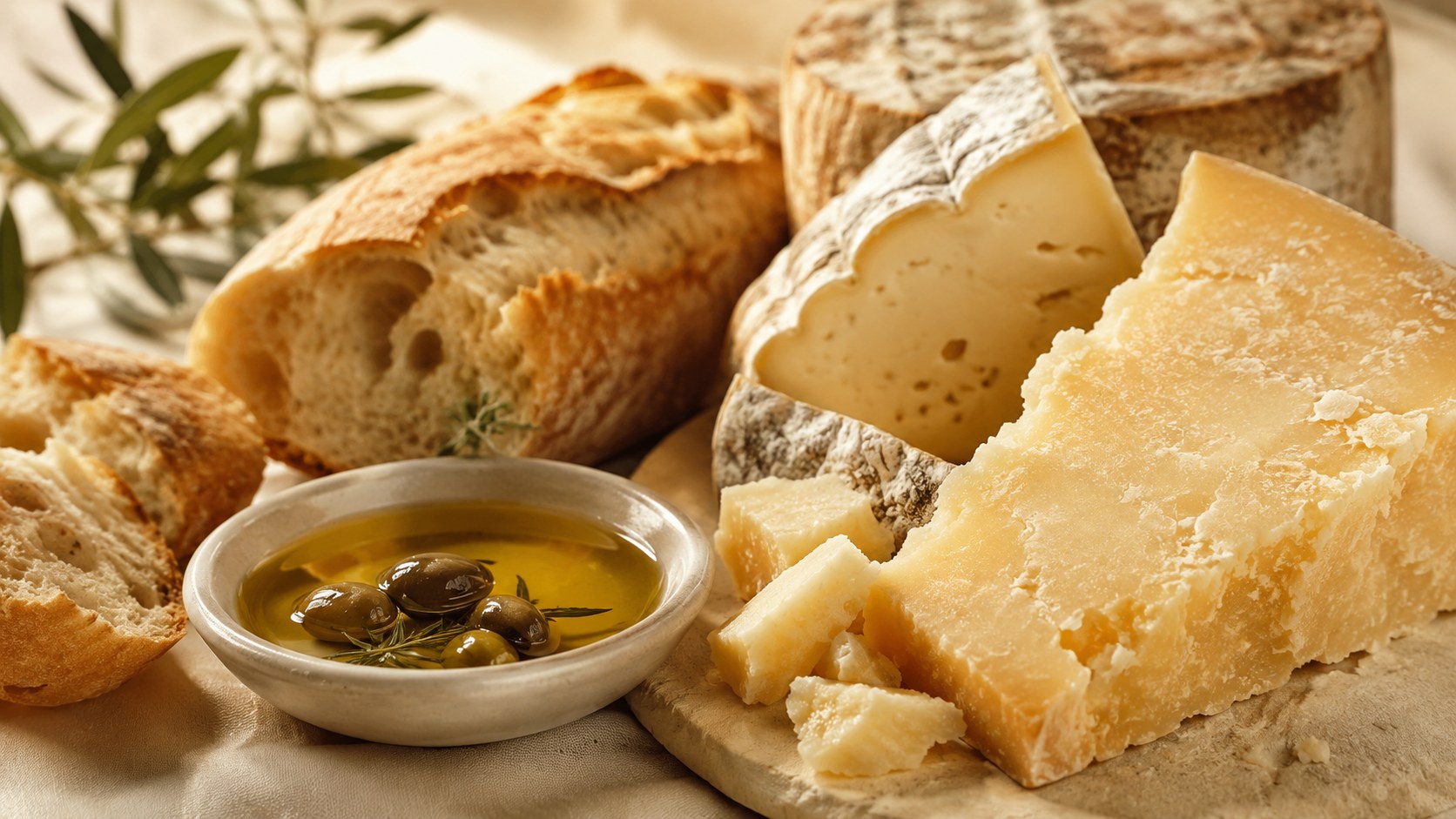 Tavola con cibi ricchi di grassi come formaggi, pane e olio, toni caldi e crema
