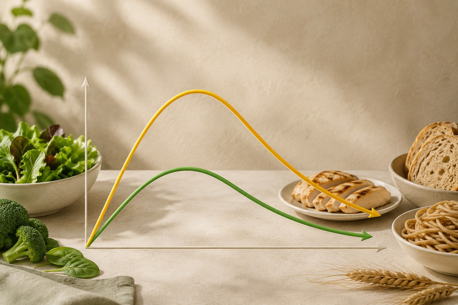 Due curve glicemiche a confronto: quella verde, più bassa, è il picco ridotto quando i carboidrati arrivano per ultimi