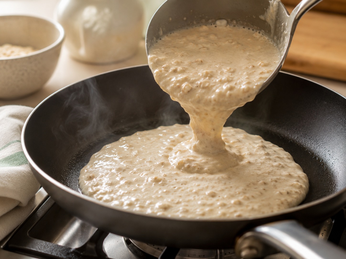 Impasto di pancake d'avena versato in una padella calda, con il vapore che sale durante la cottura