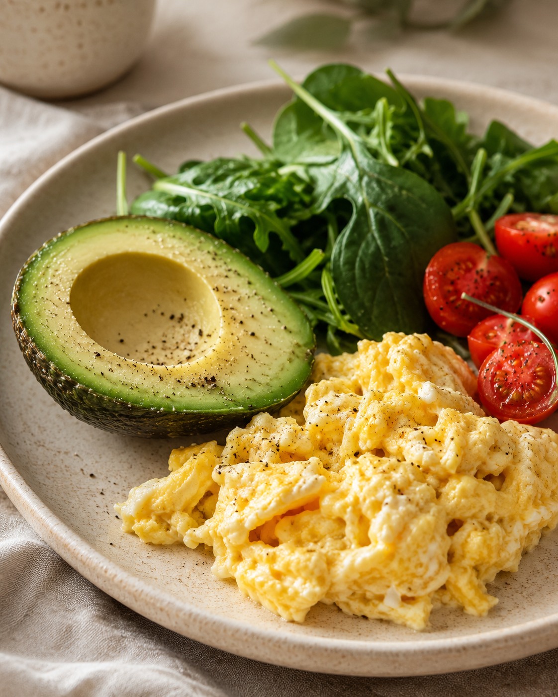 Uova strapazzate con avocado, verdura a foglia e pomodorini su piatto color crema, colazione salata a basso impatto glicemico
