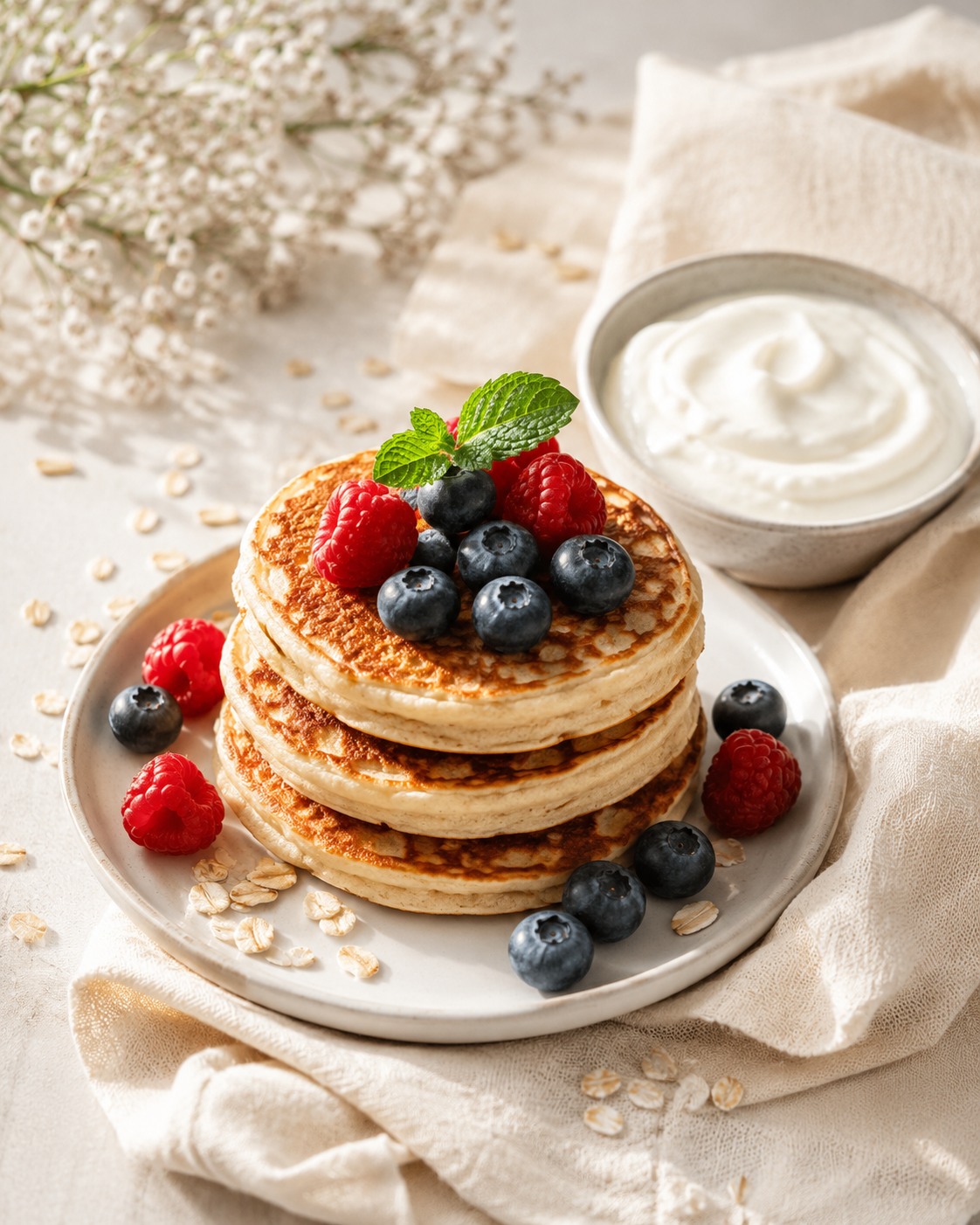 Stack di pancake proteici d'avena su piatto color crema con frutti di bosco freschi
