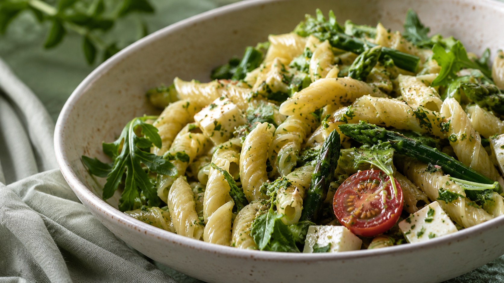 Insalata di pasta fredda in una ciotola chiara con erbe fresche