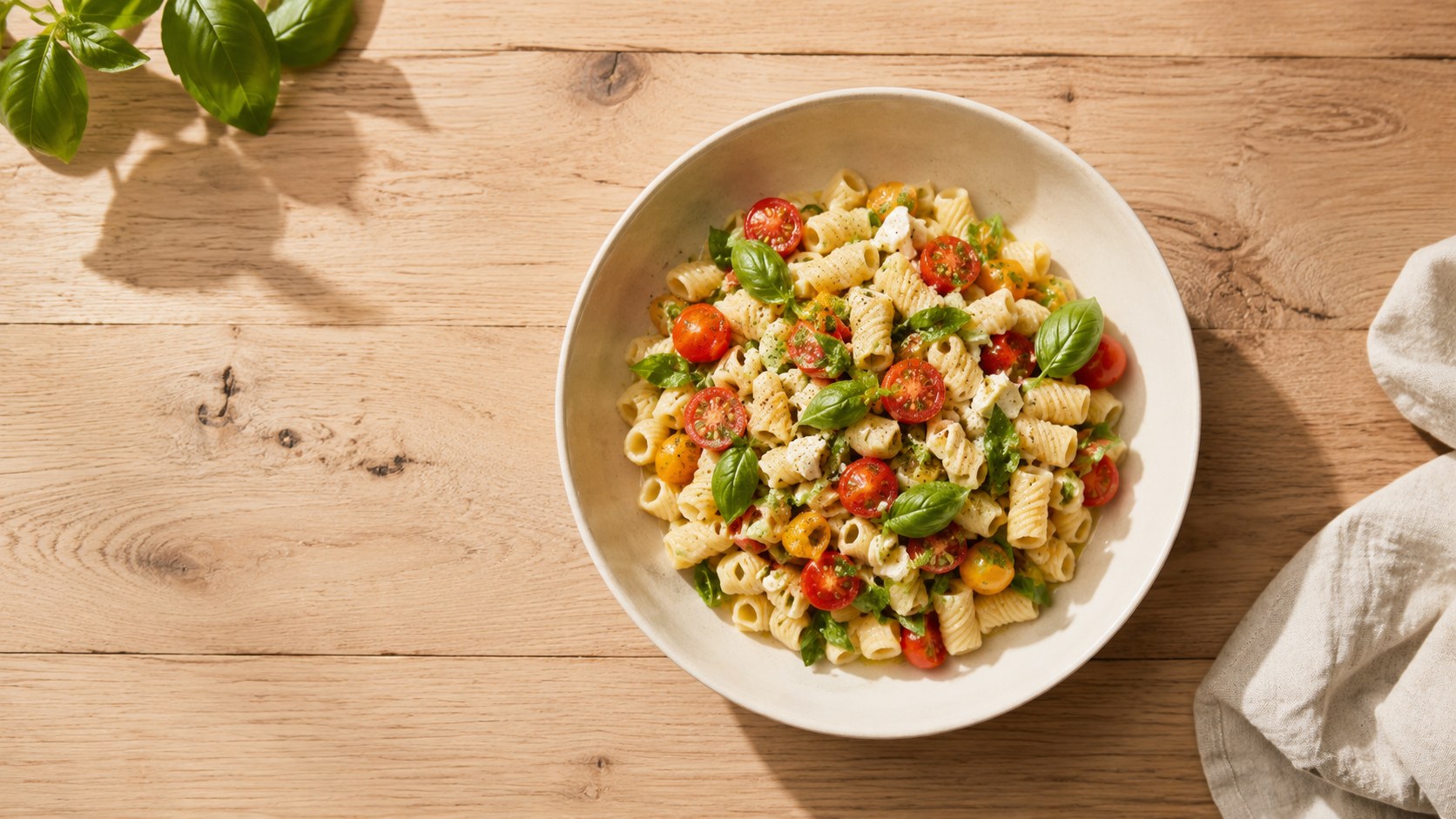 Insalata di pasta fredda in una ciotola chiara con erbe fresche su un tavolo luminoso