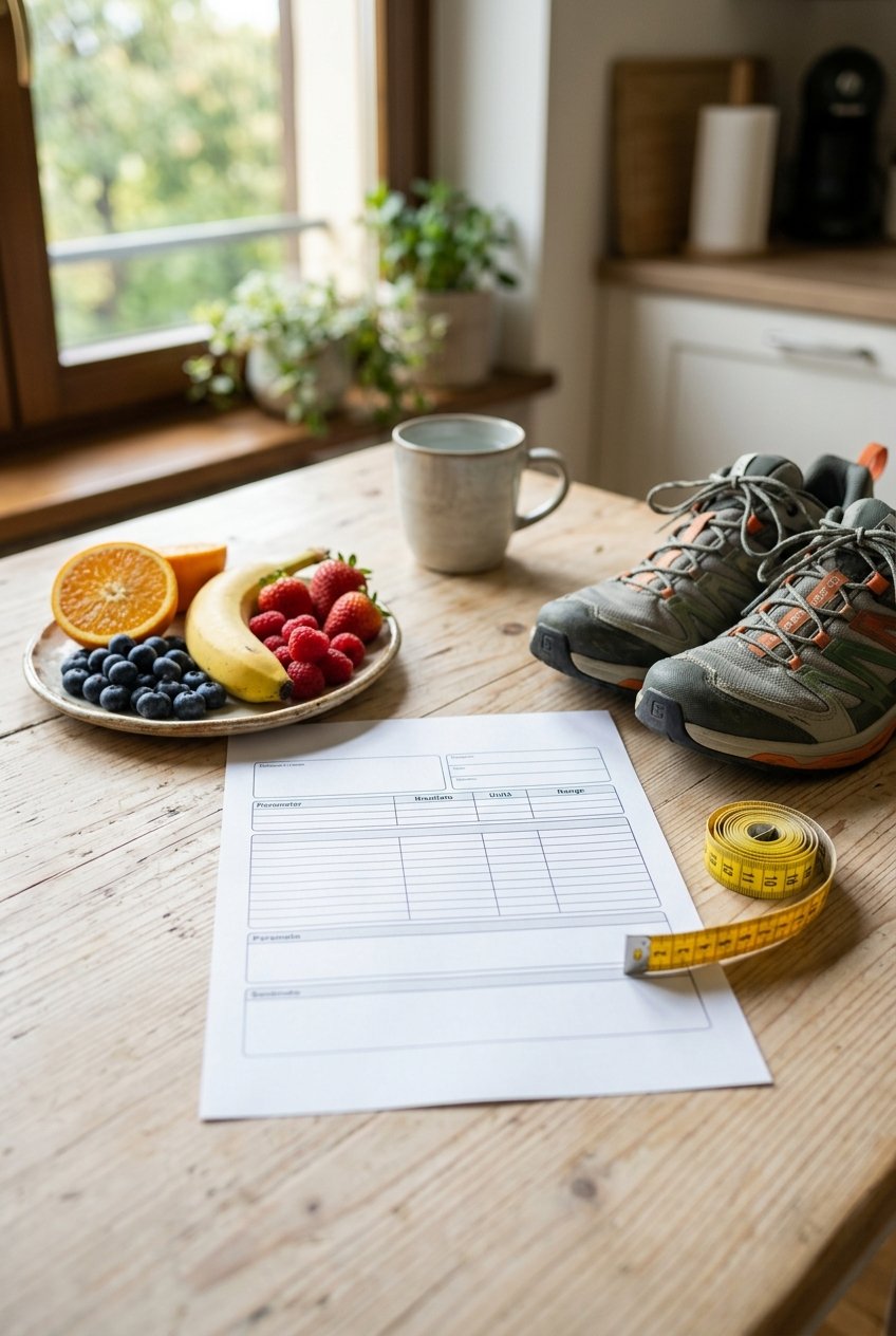Referto di analisi del sangue con glicemia ed emoglobina glicata accanto a frutta e scarpe da camminata