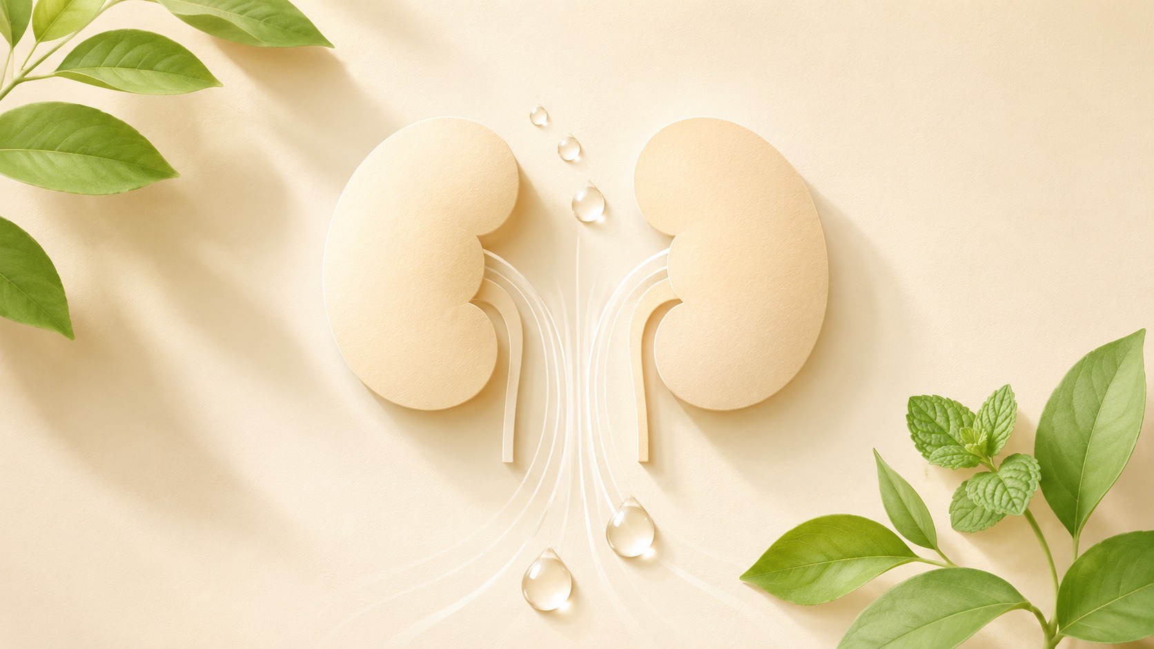 Illustrazione editoriale di due reni stilizzati che filtrano gocce d'acqua pulita, in toni crema e verde, a rappresentare il lavoro dei reni nel diabete