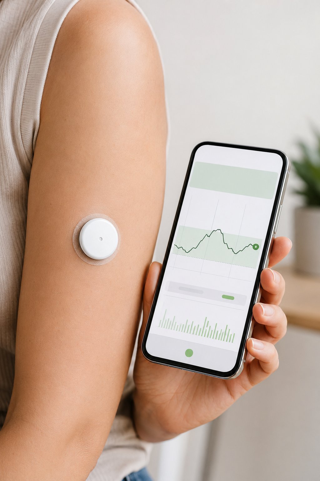 Un sensore per il monitoraggio continuo della glicemia applicato sul braccio, accanto a uno smartphone che mostra il grafico della glicemia