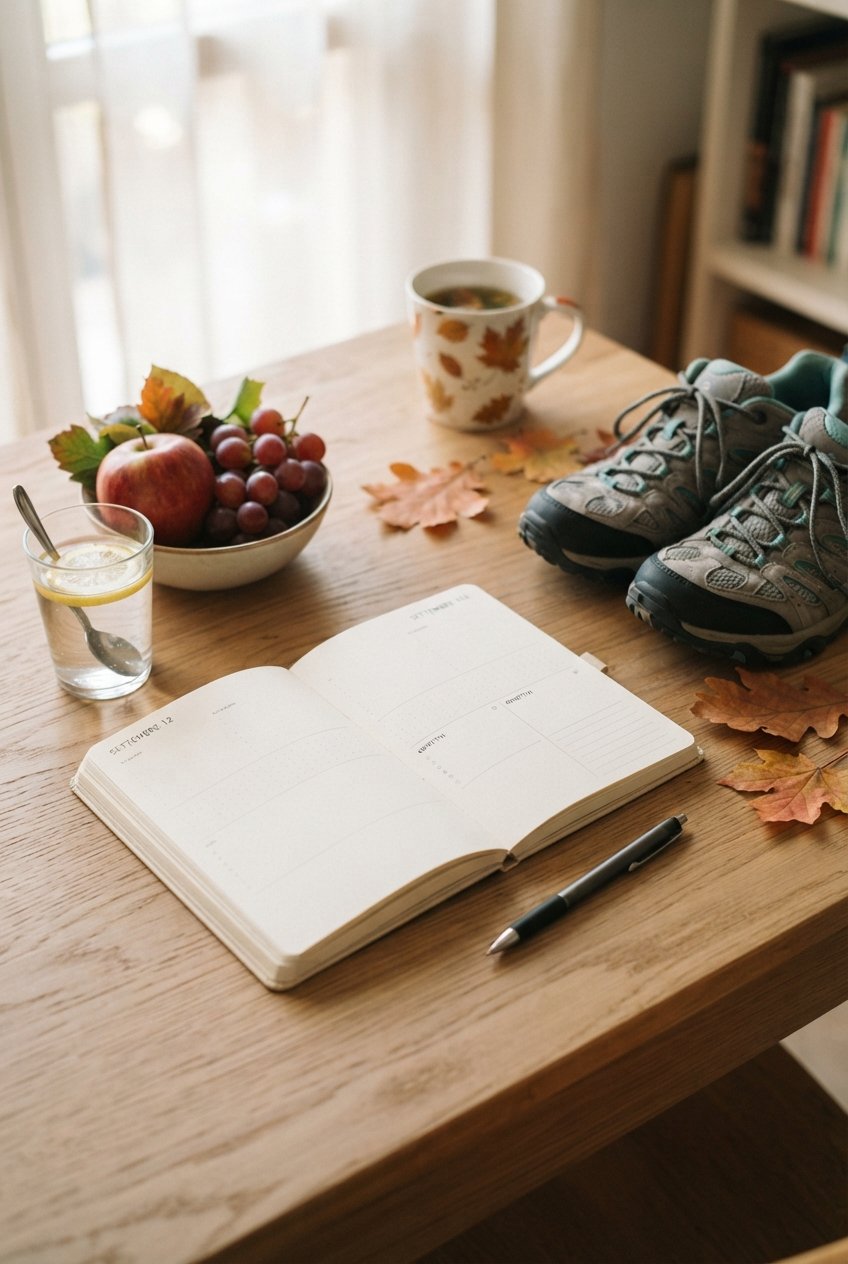 Tavolo luminoso di inizio settembre con agenda, acqua, frutta e scarpe da camminata: il reset di settembre
