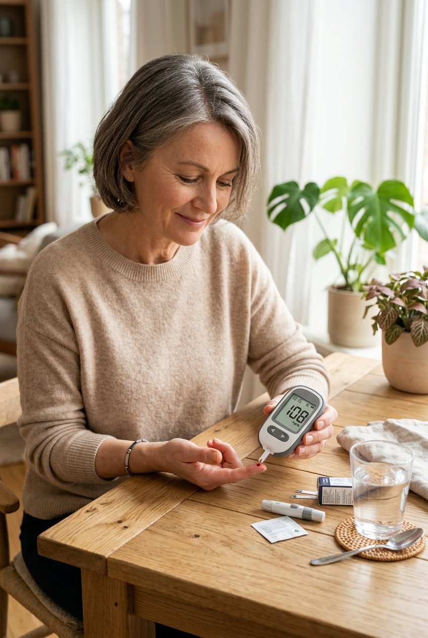 Persona che si controlla la glicemia con il glucometro, immagine che richiama i sintomi e i controlli del diabete