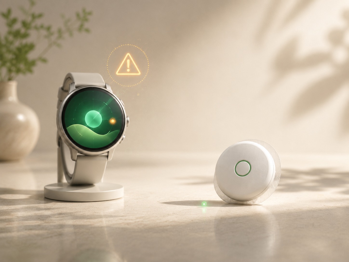 Smartwatch che mostra una lettura verde rassicurante accanto a un piccolo simbolo di allerta, concept sulla pubblicità ingannevole
