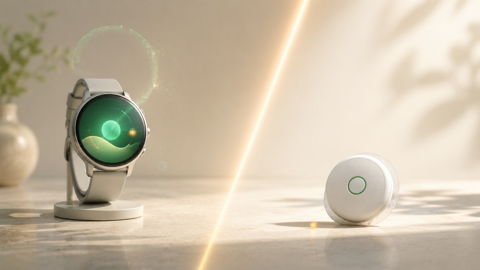 Confronto tra uno smartwatch al polso e un vero sensore CGM applicato sul braccio, concept educativo