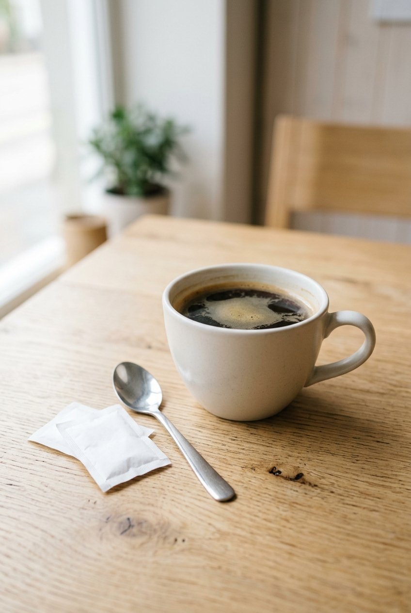 Bustine di dolcificante e una tazza di caffè su un tavolo chiaro, a rappresentare il sucralosio