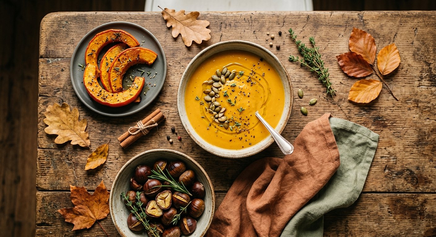 Tavolo autunnale con vellutata di zucca, zucca a fette al forno, castagne e foglie, toni caldi